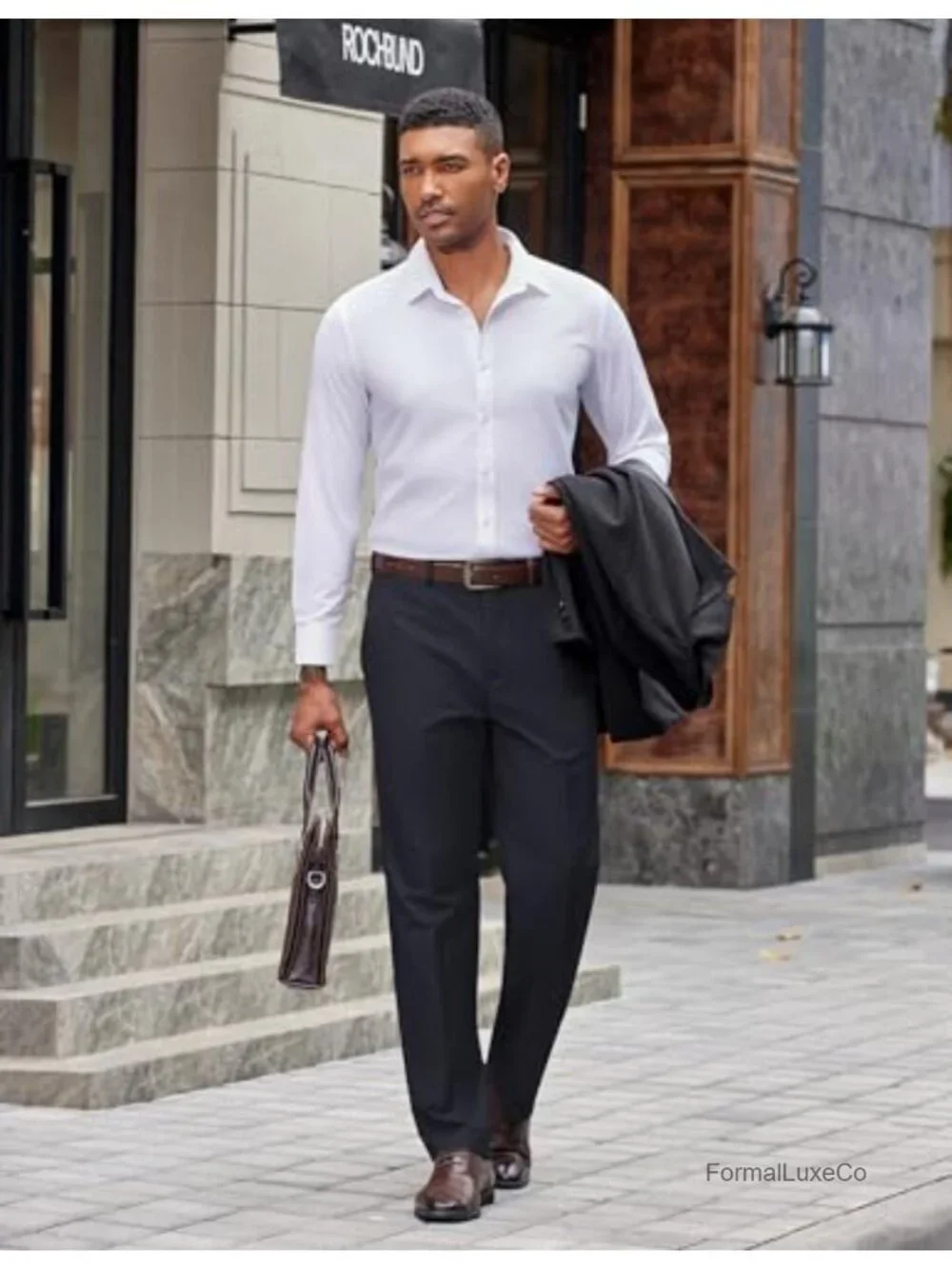 Classic Fit Flat Front Suit Pants With Elastic Waistband Straight Leg Wrinkle